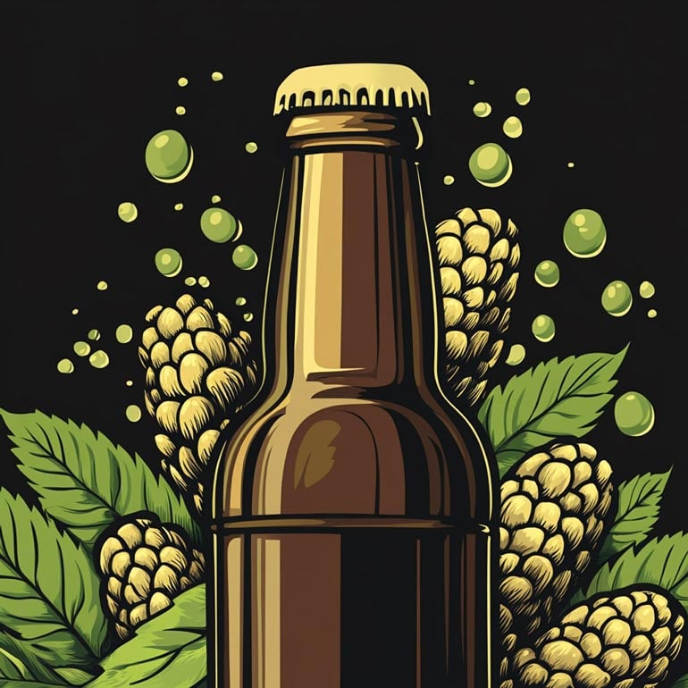 beer bottle sepia render with hops surrounding it