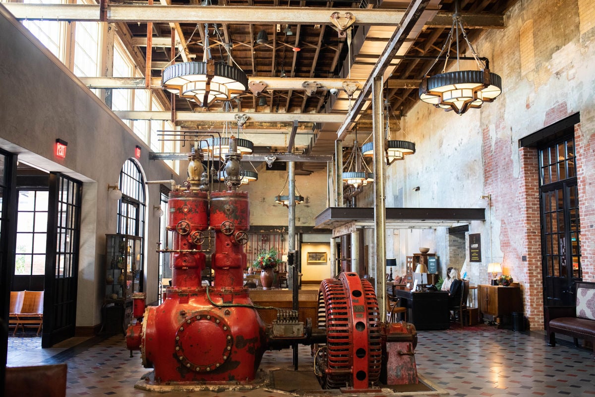 pearl brewery foyer with vintage brewing equipment
