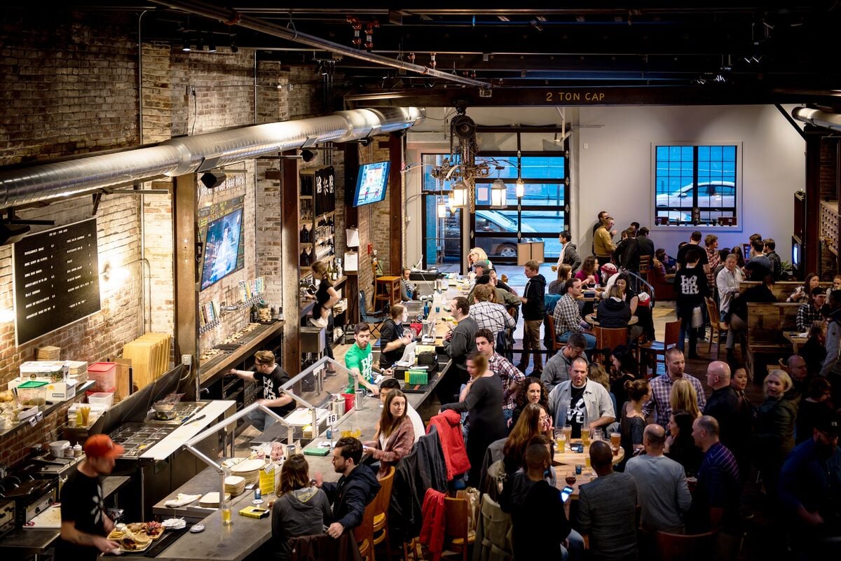 evil genius beer co. taproom aerial shot