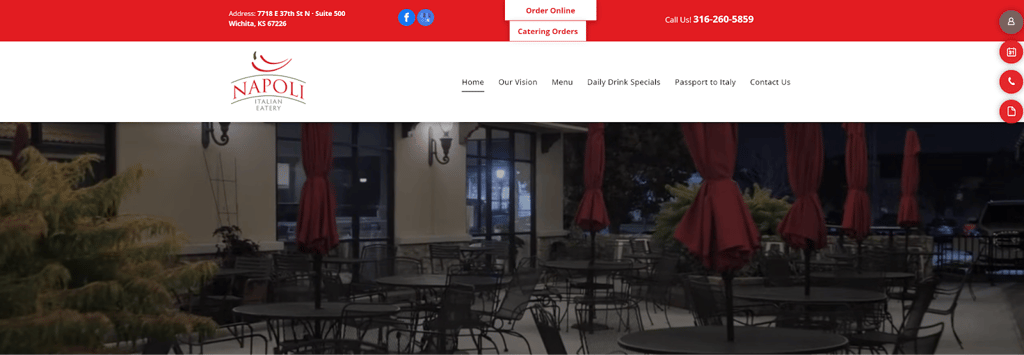 Napoli Italian Eatery website header showing the restaurant logo and navigation bar above a nighttime patio with empty metal tables and chairs under red umbrellas.