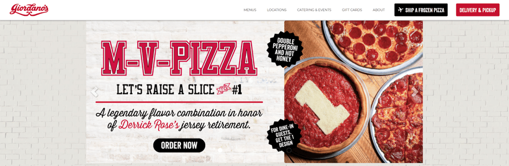 The web banner that Giordano created to market M-V-Pizza in honor of Derrick Rose that includes deep-dish pizzas and an order now message.