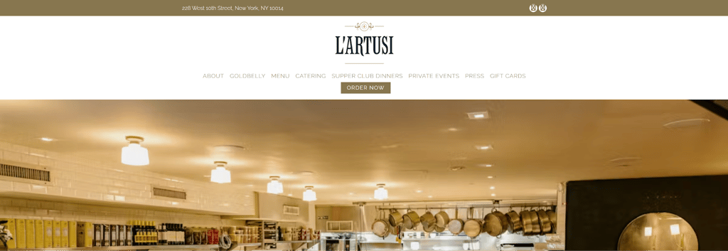 Website of L’Artusi restaurant, a logo, a menu of links, an image of an open kitchen, hanging pots, and interior fire.