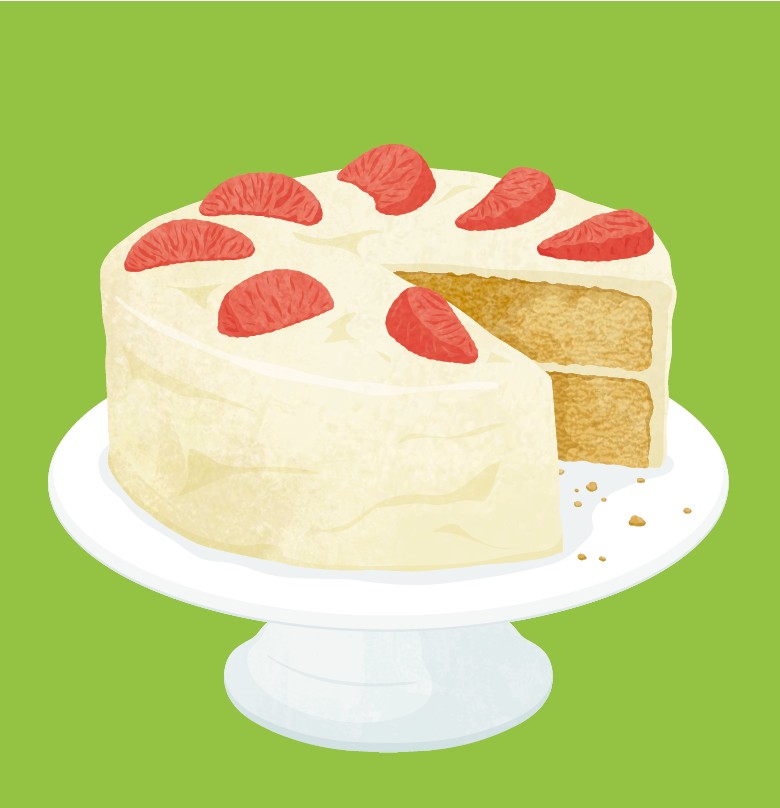 A graphic of white cake with grapefruit slices on top