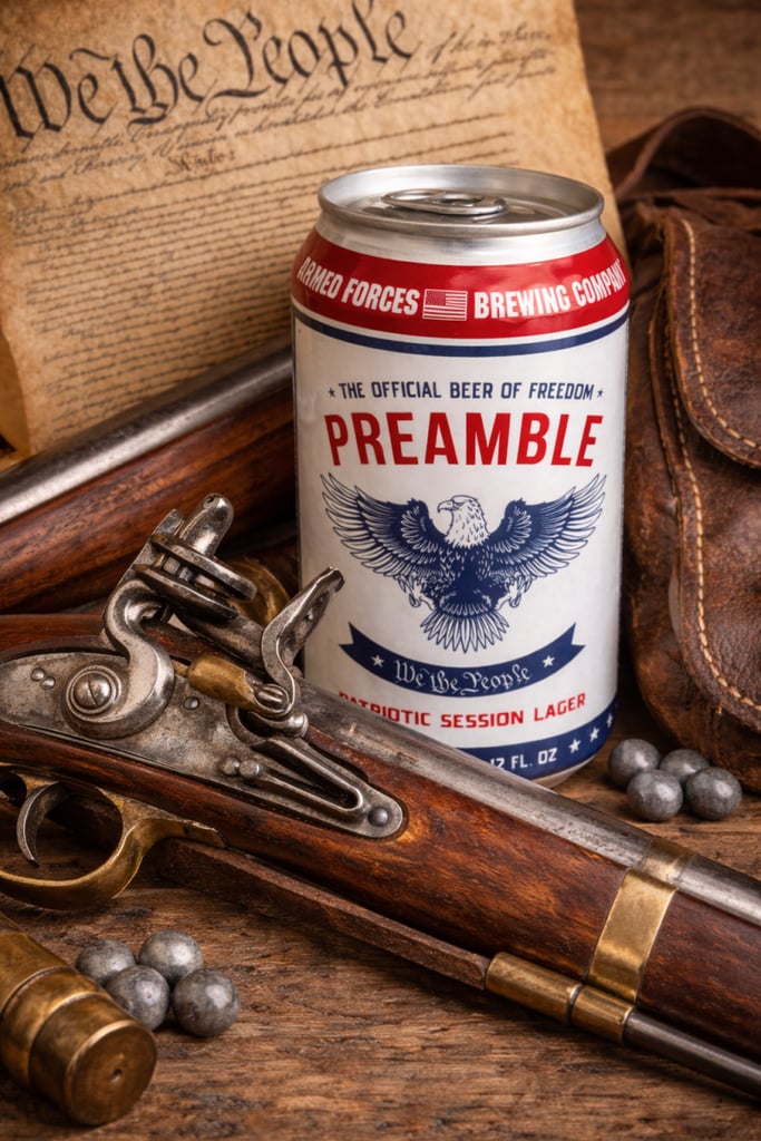 A can of beer set against a gun