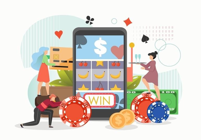 Illustration of sweepstakes casino platform features, showing virtual coins, games, and user interface elements.